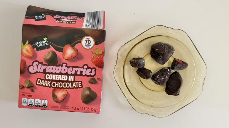Season's Choice Frozen Strawberries Dark Chocolate pieces on a plate