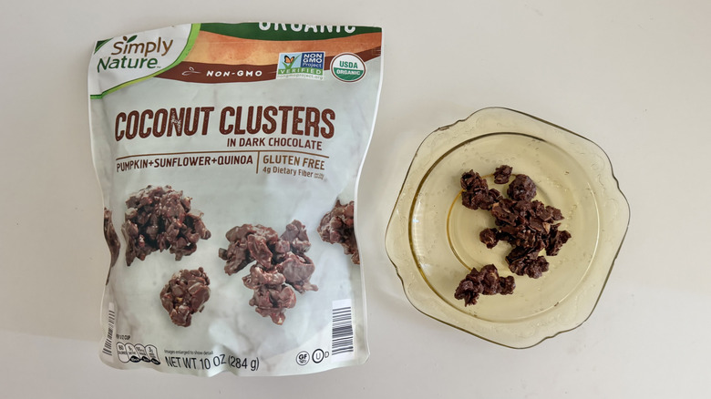 Simply Nature Dark Chocolate Coconut Clusters pieces on a plate