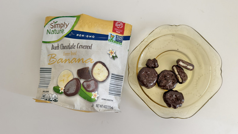 Simply Nature Dark Chocolate Freeze Dried Banana pieces on a plate