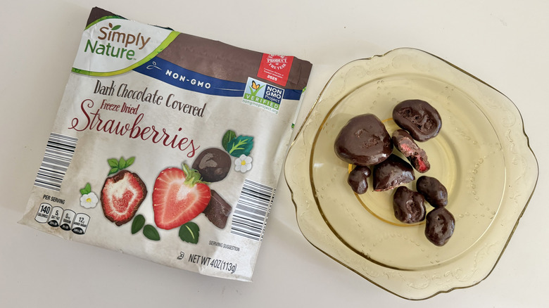 Simply Nature Chocolate Covered Freeze Dried Strawberries cut in half