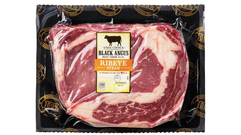 A package of USDA Choice Black Angus Ribeye Steak from Aldi.