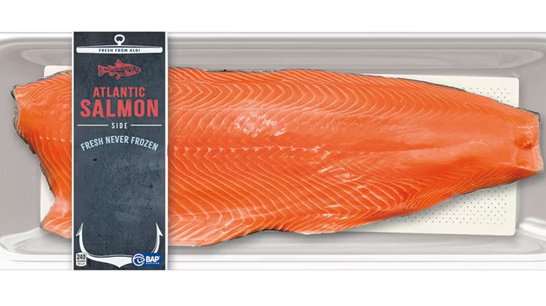A birds eye view of a package of Fresh From Aldi Atlantic salmon