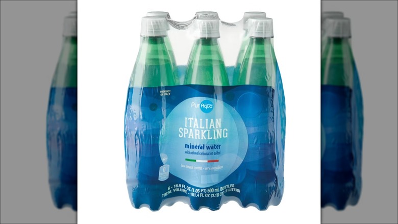 A close up of the label of a six-pack of PurAqua Italian sparkling water.