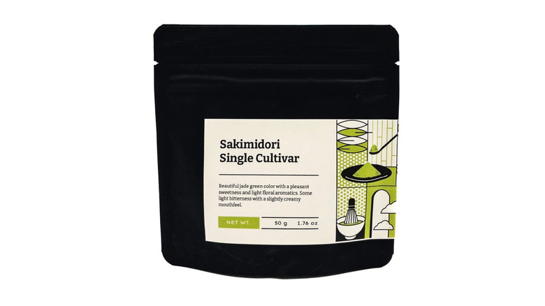 Pouch of Sakimidori single cultivar matcha with illustrations of matcha preparation on label