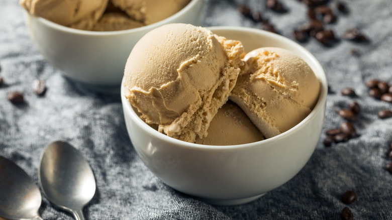 Coffee ice cream in a white bowl