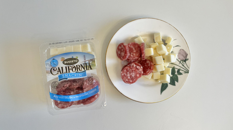 California snackin bite size salami and provolone on plate