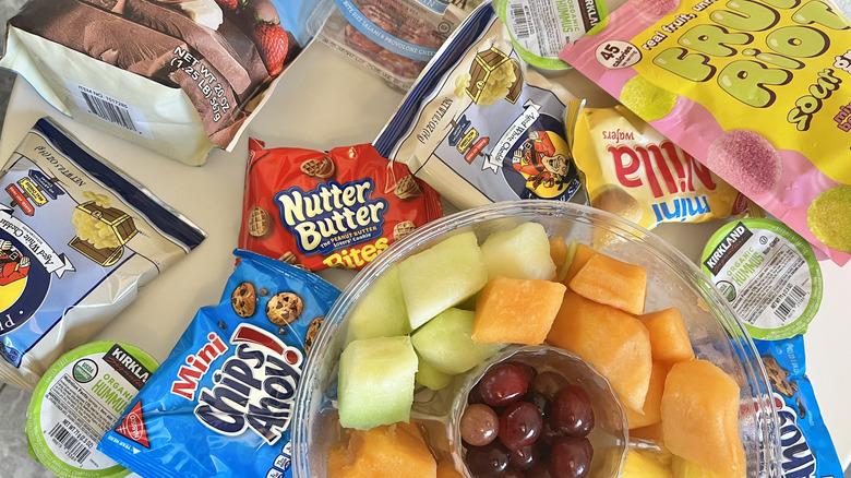 Costco snacks strewn on table