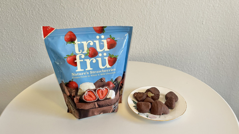Tru Fru blue bag of white and milk chocolate strawberries