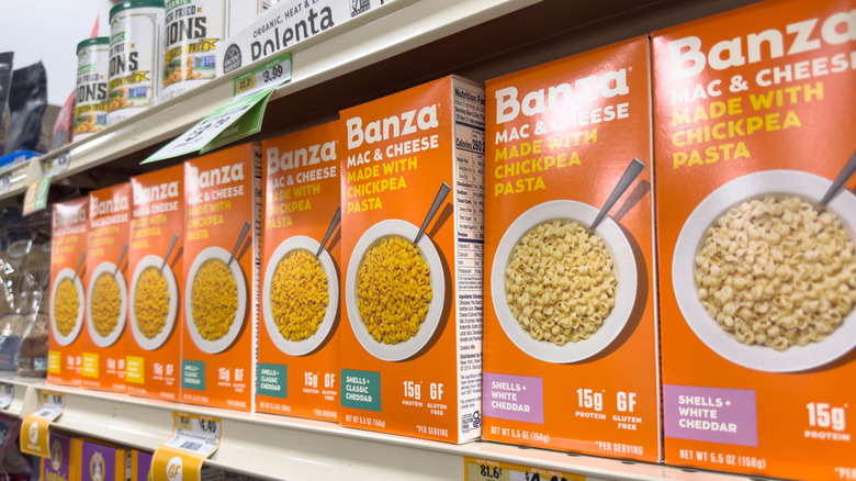 banza mac and cheese boxes on shelf
