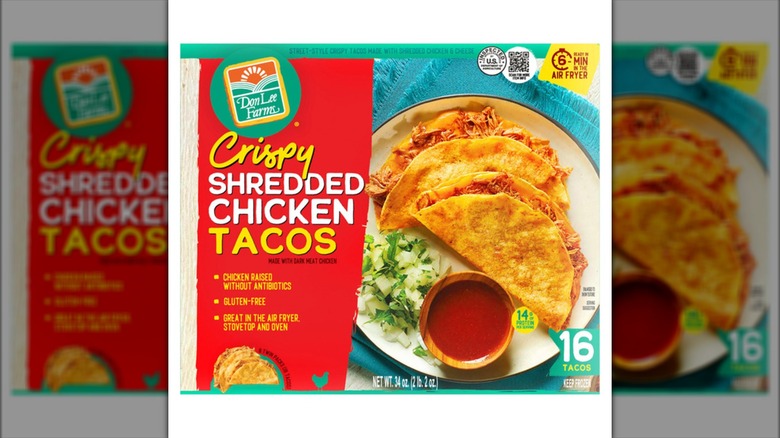 Costco's Don Lee Farms Crispy Shredded Chicken Tacos in packaging