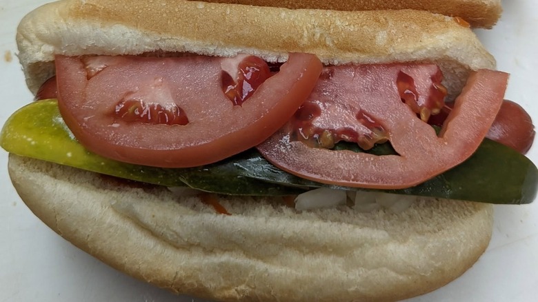 A close up of a hot dog with pickles and tomatoes