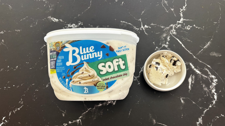 Blue Bunny mint chocolate chip ice cream tub next to small bowl of ice cream