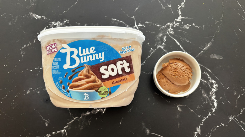 Blue Bunny chocolate ice cream tub next to small bowl of ice cream