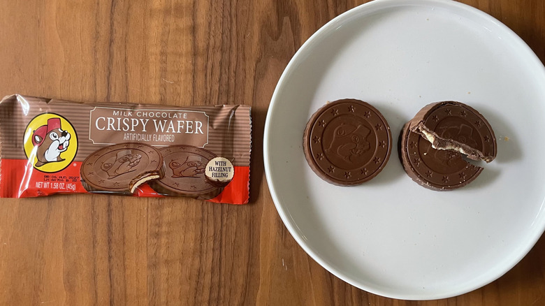 Chocolate wafers on a plate with packaging