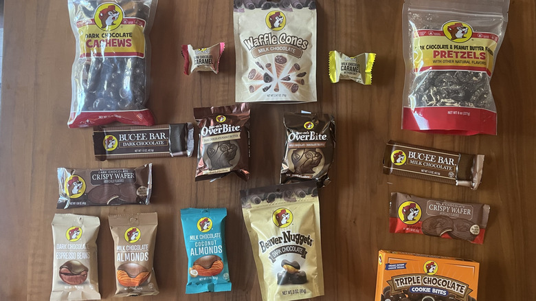Collection of buc-ee's chocolate candies on a table