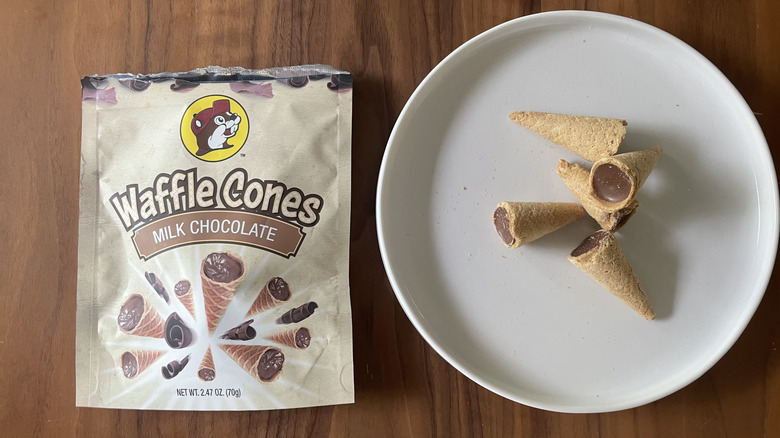 Waffle cones on a plate with packaging