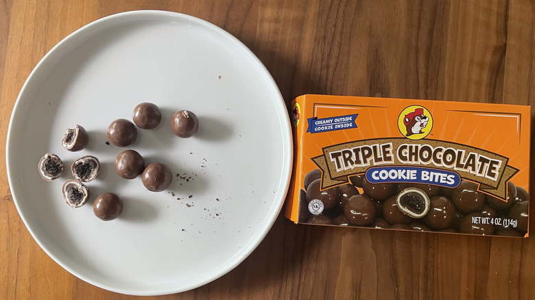Triple chocolate cookie bites on a plate and in a box