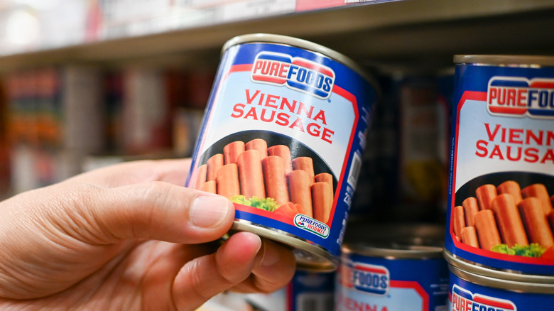 Canned Vienna sausages in a store