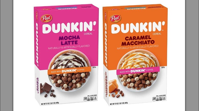 two boxes of Dunkin' coffee cereal