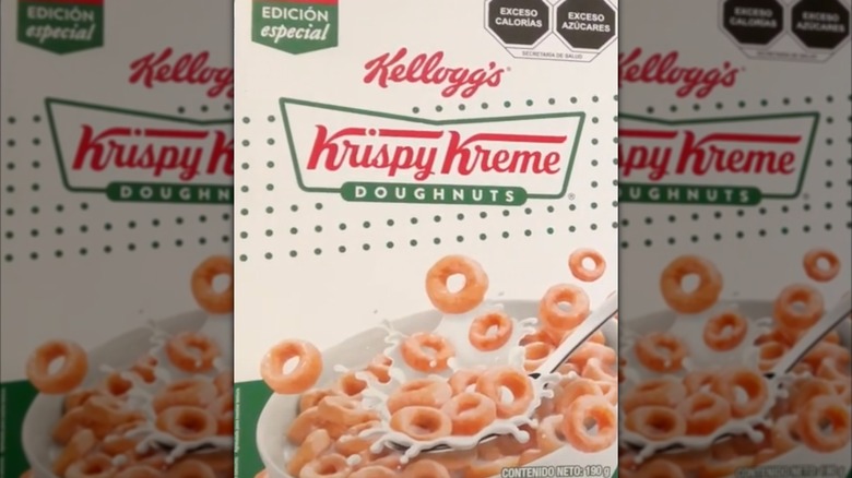 close up of a Kellogg's Krispy Kreme Doughnuts cereal box