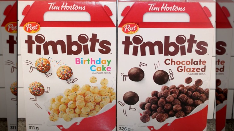 Two boxes of Tim Hortons Timbits Cereal in different flavors