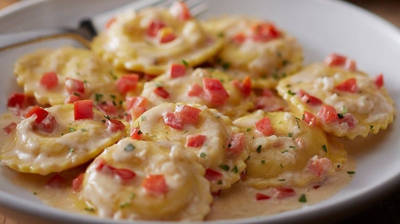 Close up of lobster ravioli dish on a white plate at Carrabba's Italian Grill