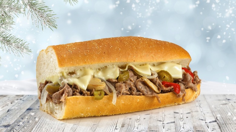 Cheesesteak with peppers with winter background