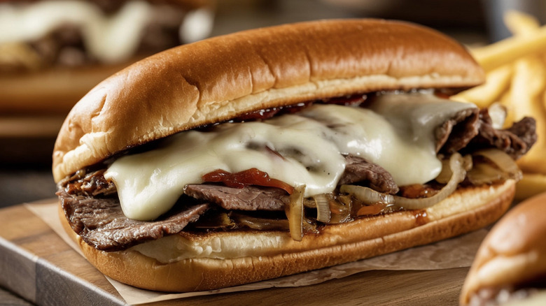 Philly cheesesteak on wooden board with fries