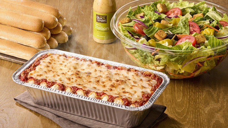 Olive Garden lasagna, breadsticks, and salad