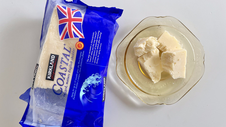 Pieces of Kirkland Signature Coastal English Cheddar on a plate