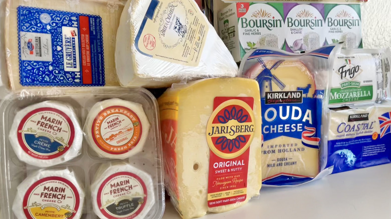 Close up of various Costco cheeses