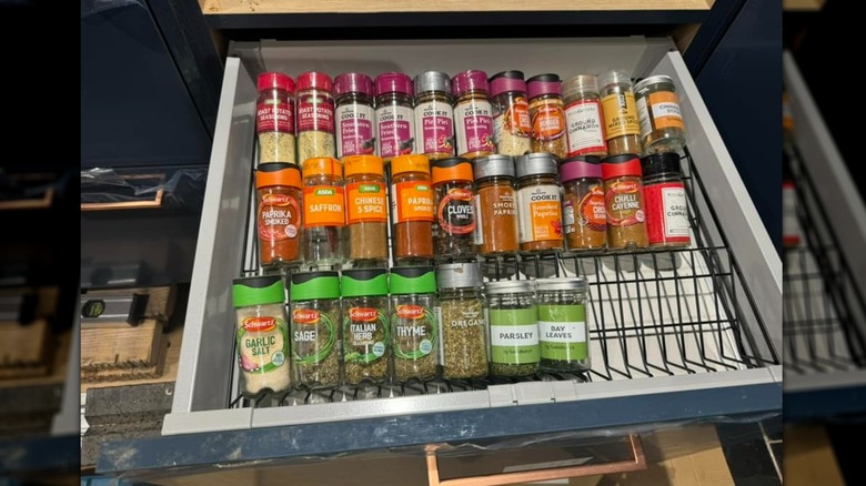 A spice drawer made with a metal dish rack