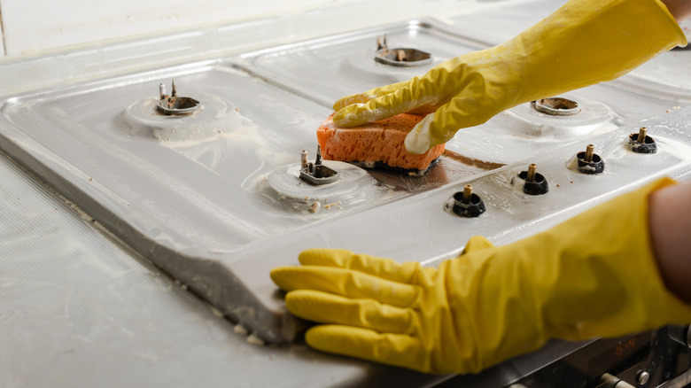 gloved hands cleaning gas cooktop