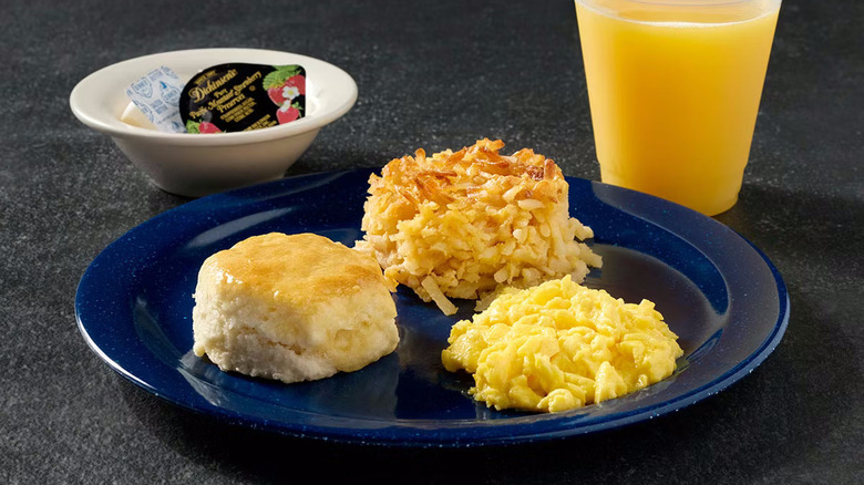 Cracker Barrel kids breakfast with biscuit, eggs, and hash browns