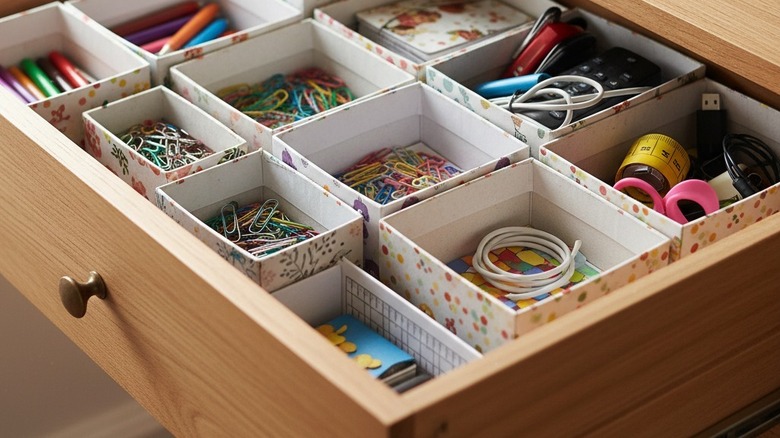 Light wood drawer opened to reveal several cardboard compartments filled with office supplies