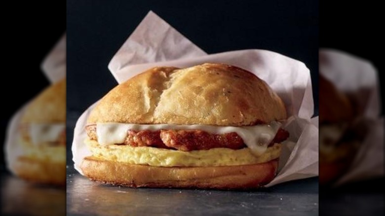 Starbucks Chorizo Breakfast Sandwich wrapped in white paper