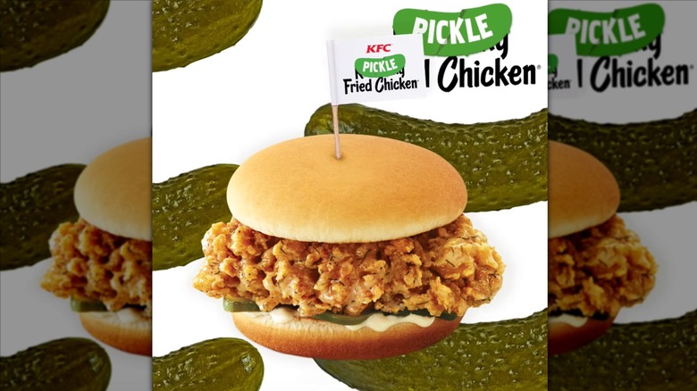 KFC pickle fried chicken sandwich on pickle background