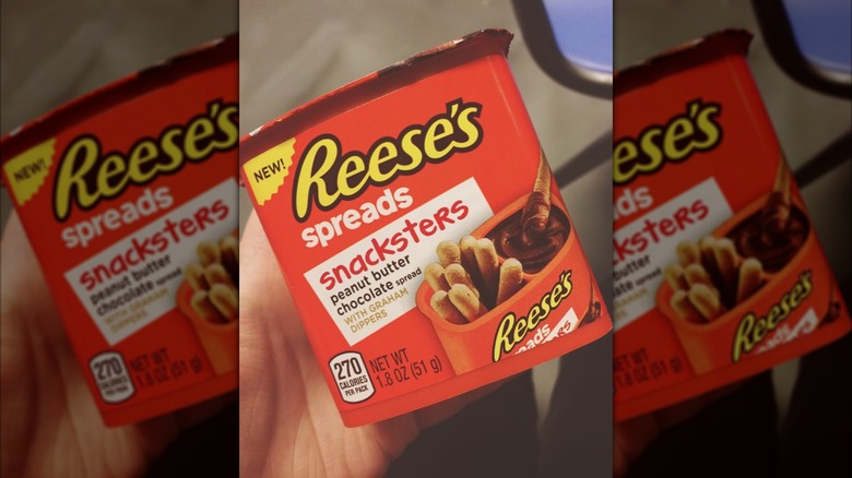 A hand holds a container of Reese's Spreads Snacksters, an orange packet with an image of graham cracker sticks and a chocolate spread.