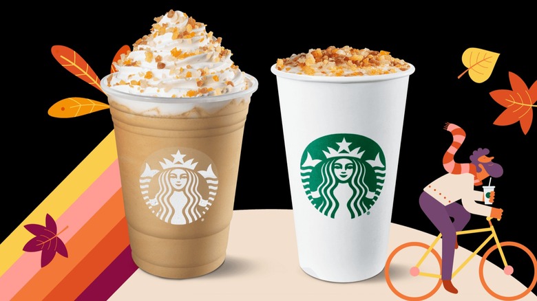 Maple pecan Frappuccinos and lattes with fall-themed art