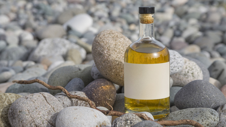 A bottle of brown spirits shown with a blank label placed in a rocky beach setting