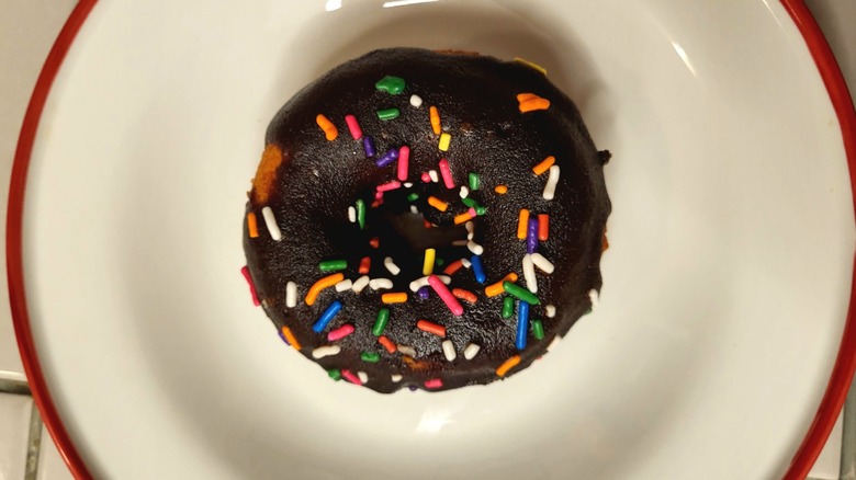 A donut topped with a dark chocolate frosting and rainbow sprinkles.