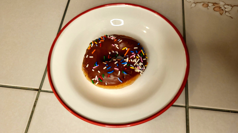 A donut with a light chocolate frosting and rainbow sprinkles on a red and white plate.
