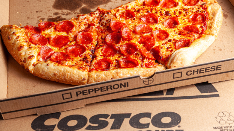 Pepperoni pizza on cardboard Costco pizza box