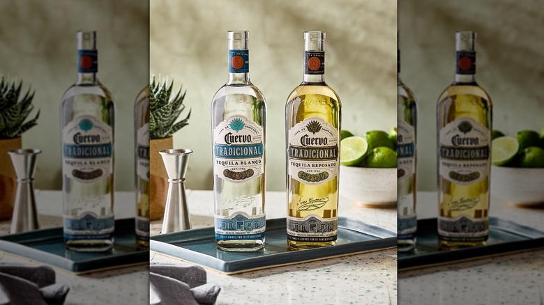 Two bottles of Jose Cuervo on bar with jigger