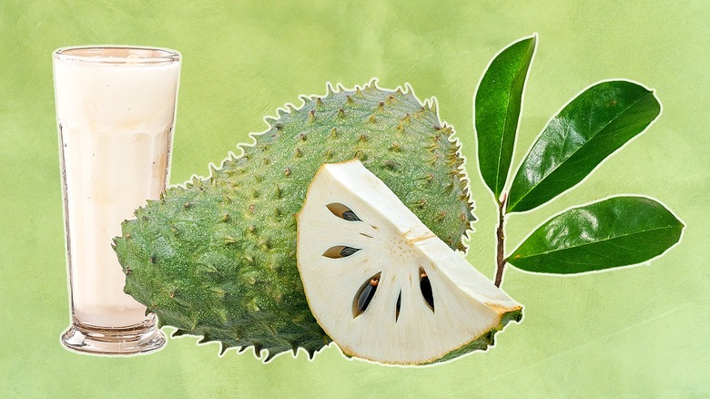Soursop fruit, leaves, slice, and juice in a glass