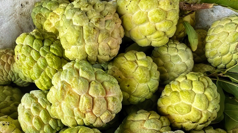 Several sweetsops stacked in a bowl