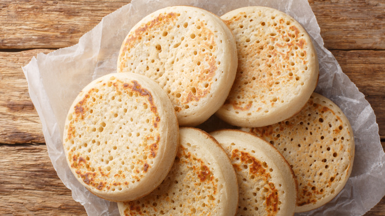 Top view of English crumpets on a plate