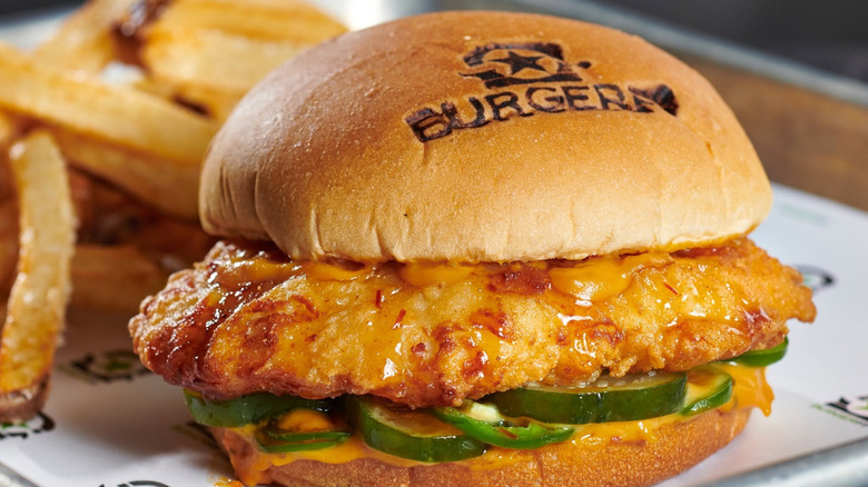 Product shot of a chicken sandwich from BurgerFi