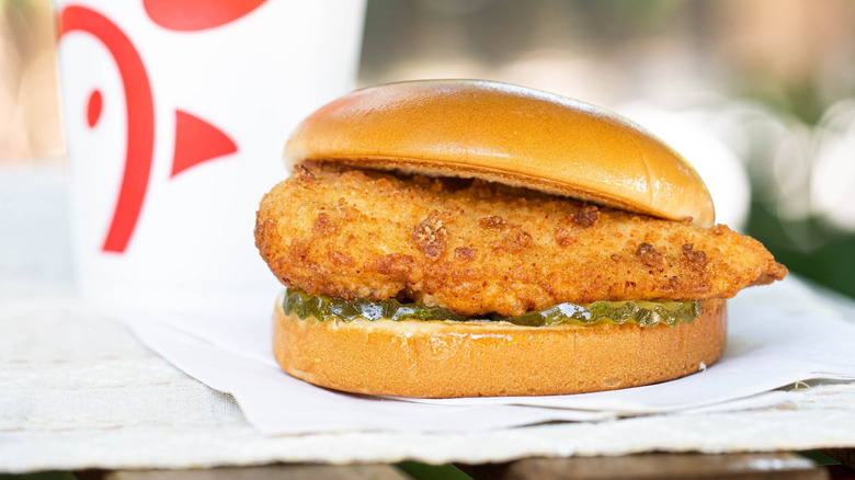 A chicken sandwich from Chick-fil-A on a table