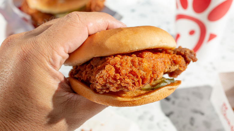 Someone holding a chicken sandwich from Chick-fil-A
